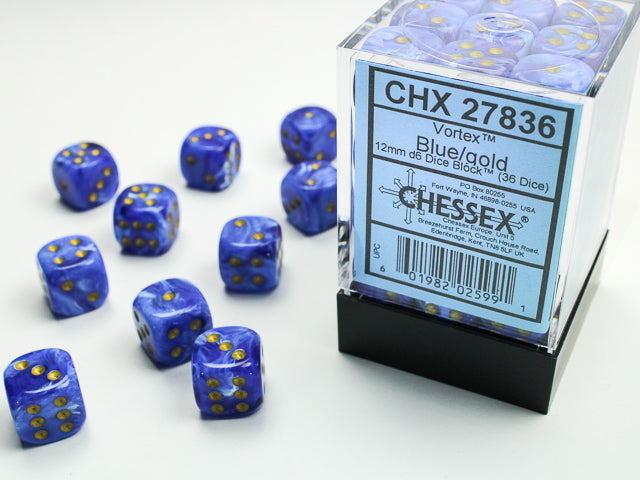 Vortex Blue/gold 12mm d6 Dice Block (36 dice)