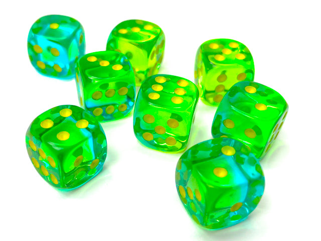 Set 36 Dadi 12 mm - Trasparenti Verde/Numeri gialli