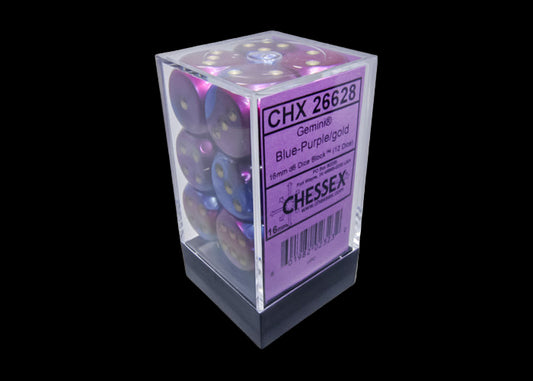 Gemini Blue-Purple/gold 16mm d6 Dice Block (12 dice)