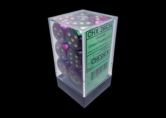 Gemini Green-Purple/gold 16mm d6 Dice Block (12 dice)