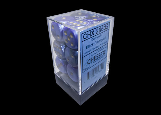 Gemini Black-Blue/gold 16mm d6 Dice Block (12 dice)
