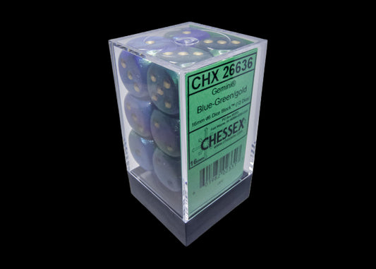 Gemini Blue-Green/gold 16mm d6 Dice Block (12 dice)