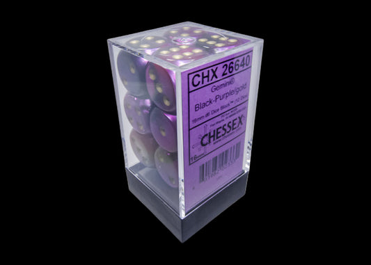 Gemini Black-Purple/gold 16mm d6 Dice Block (12 dice)