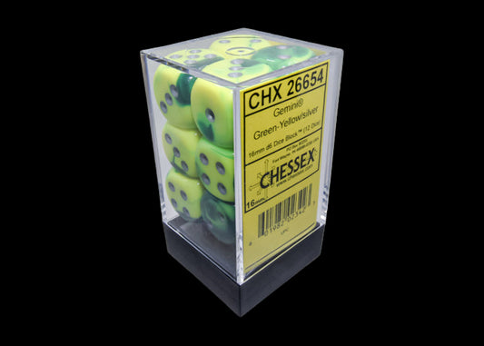 Gemini Green-Yellow/silver 16mm d6 Dice Block (12 dice)