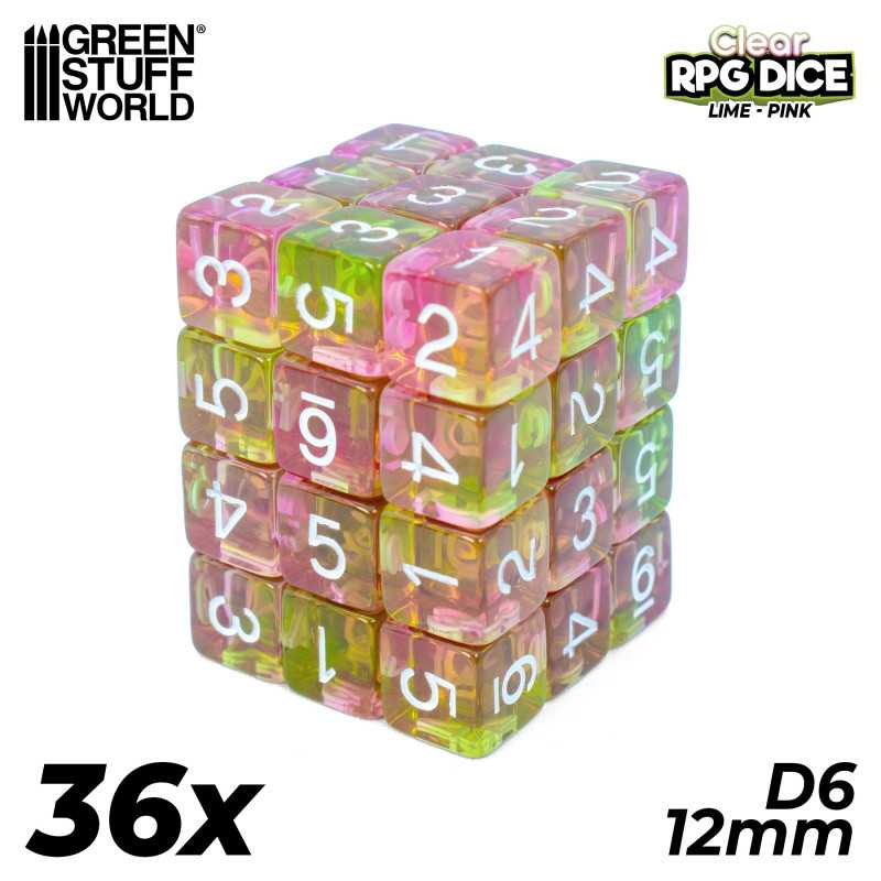 36x Dadi D6 12 mm - Rosa e Lime Trasparente