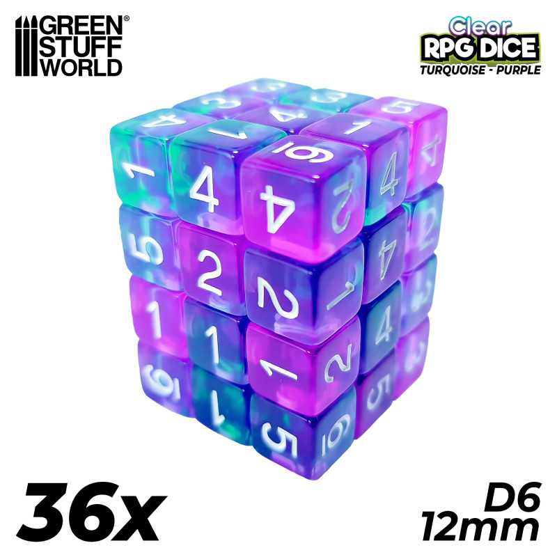 36x Dadi D6 12mm - Turchese/Lilla Trasparente