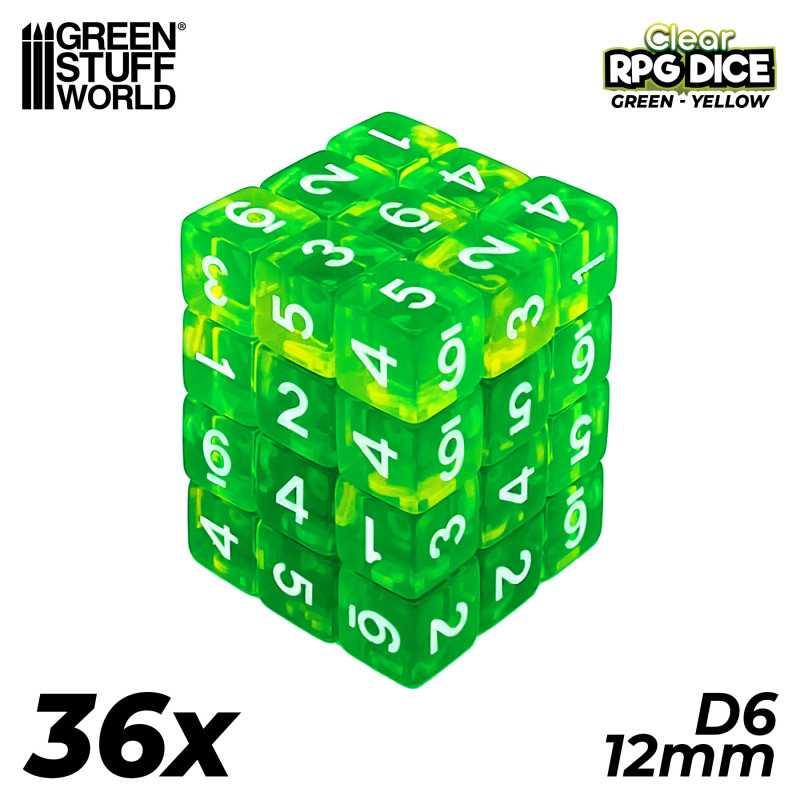 36x Dadi D6 12mm - Verde/Giallo Trasparente