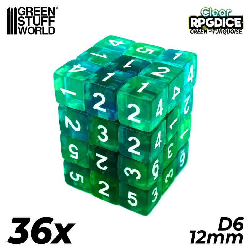 36x Dadi D6 12mm - Verde/Turchese Trasparente