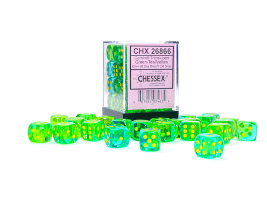 Set 36 Dadi 12 mm - Trasparenti Verde/Numeri gialli