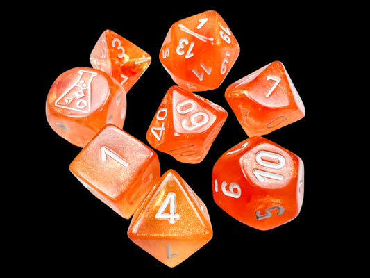 Borealis Blood Orange/white Luminary Polyhedral 7-Dice Set (with bonus die)