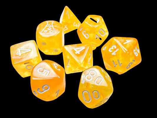 Borealis Canary/white Luminary Polyhedral 7-Dice Set (with bonus die)