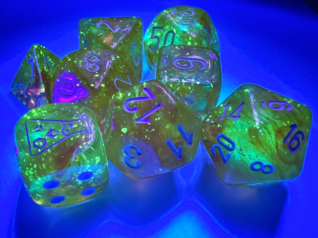 Borealis Canary/white Luminary Polyhedral 7-Dice Set (with bonus die)