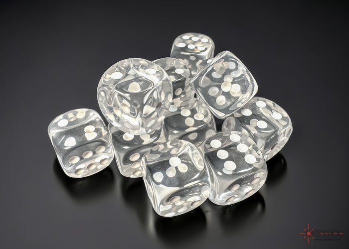 Translucent Clear/white 16mm d6 Dice Block (12 dice)