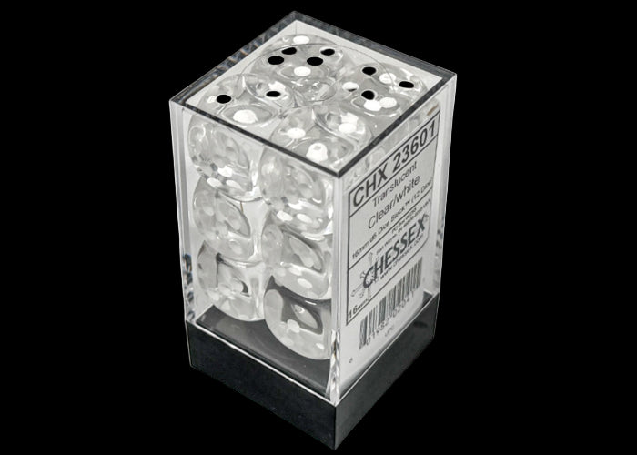 Translucent Clear/white 16mm d6 Dice Block (12 dice)