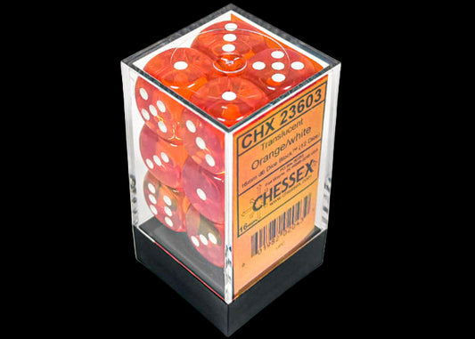 Translucent Orange/white 16mm d6 Dice Block (12 dice)