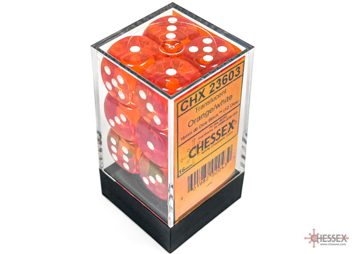Translucent Orange/white 16mm d6 Dice Block (12 dice)
