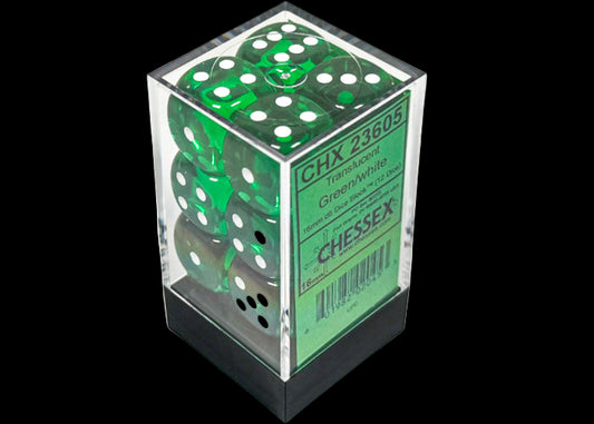 Translucent Green/white 16mm d6 Dice Block (12 dice)