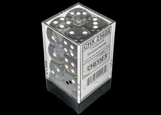 Translucent Smoke/white 16mm d6 Dice Block (12 dice)