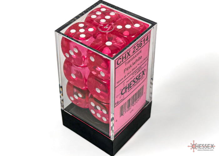 Translucent Pink/white 16mm d6 Dice Block (12 dice)