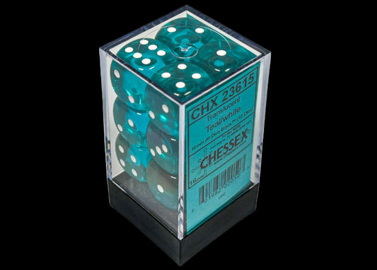 Translucent Teal/white 16mm d6 Dice Block (12 dice)