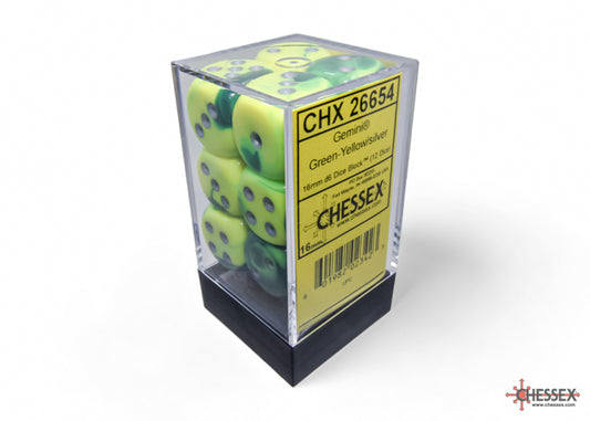 Gemini Green-Yellow/silver 16mm d6 Dice Block (12 dice)