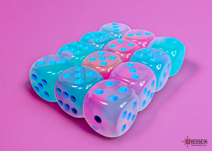 Gemini Gel Green-Pink/blue Luminary 16mm d6 Dice Block (12 dice)